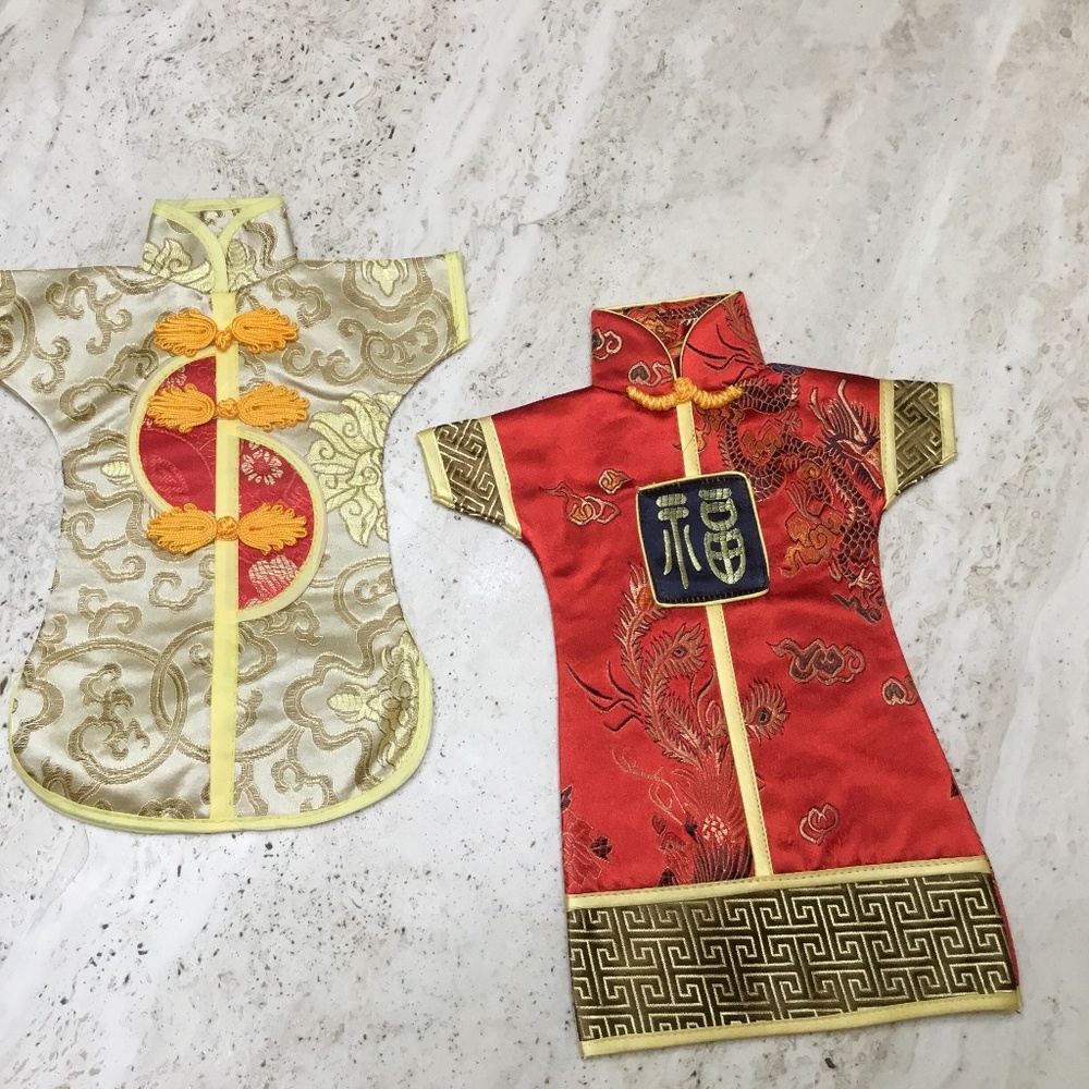 Chinese Cheongsam Dress Wine Bottle Cover Set of 2